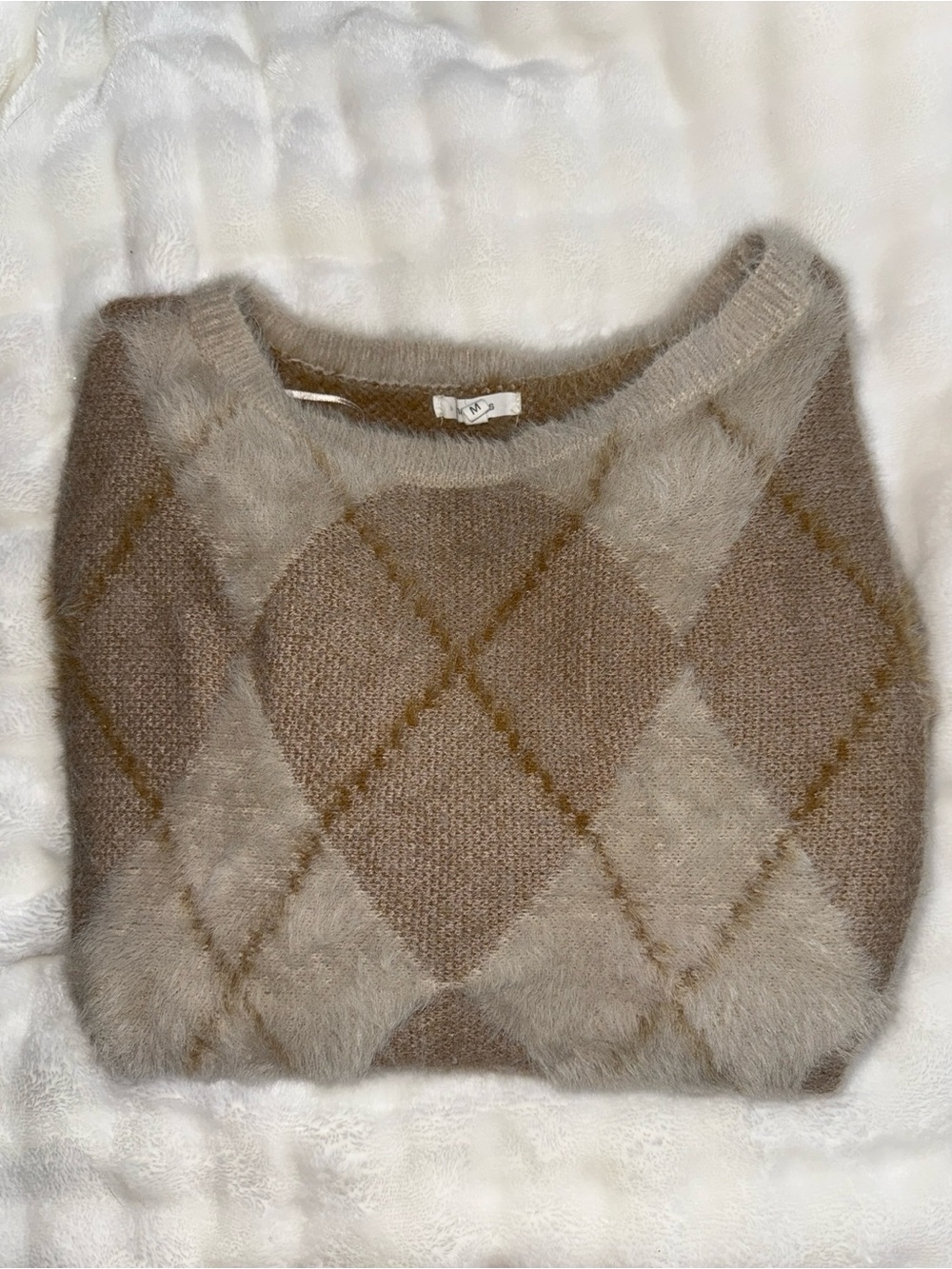 Maurices Fuzzy Argyle Crewneck Sweater in Taupe and Beige